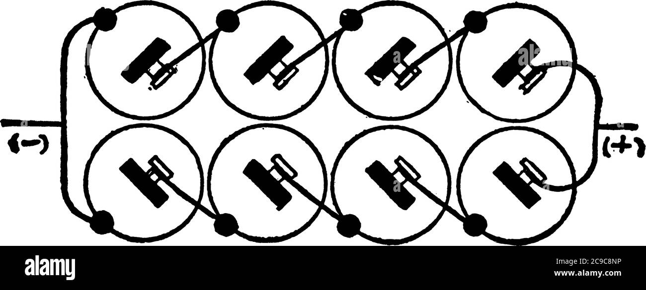 Una configurazione disposta in modo da dimostrare che la pressione è uguale alla tensione di una cella, moltiplicata per il numero di celle in una batteria e l'amperaggio Illustrazione Vettoriale