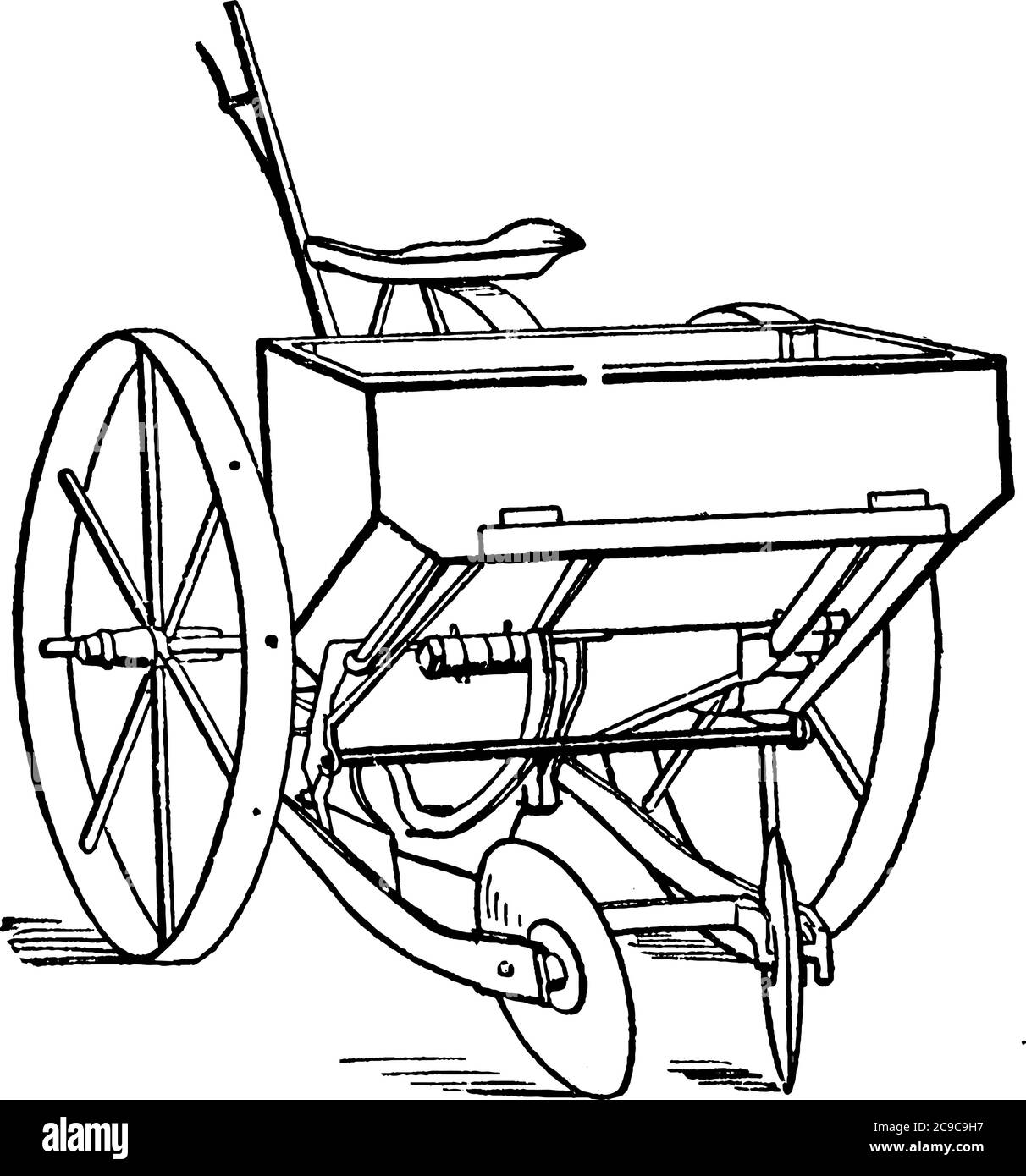 Una macchina piantatrice di circa 20 ° secolo vintage linea disegno o incisione illustrazione. Illustrazione Vettoriale