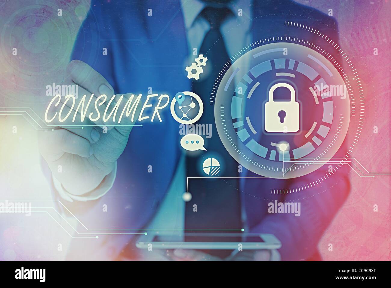Word Writing text Consumer. Foto di affari che mostra uno che utilizza beni economici che sono venduti dai produttori Padlock grafico per i dati web in Foto Stock