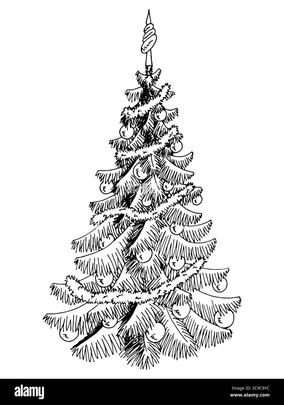 Albero di Natale grafica nero bianco decorazione di Capodanno isolato schizzo illustrazione vettore Illustrazione Vettoriale