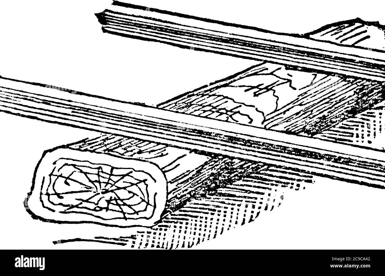 Una rappresentazione tipica di un davanzale, la base o il fondamento di una cosa; come i sills di una casa o di una ferrovia, ecc., disegno di linea d'annata o incisione il Illustrazione Vettoriale