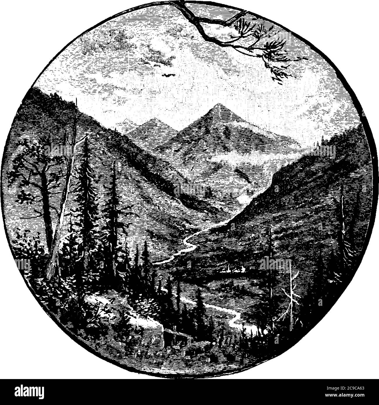 Un'illustrazione di una sfera con immagini di una valle tra le montagne in esso, disegno di linea vintage o illustrazione di incisione. Illustrazione Vettoriale