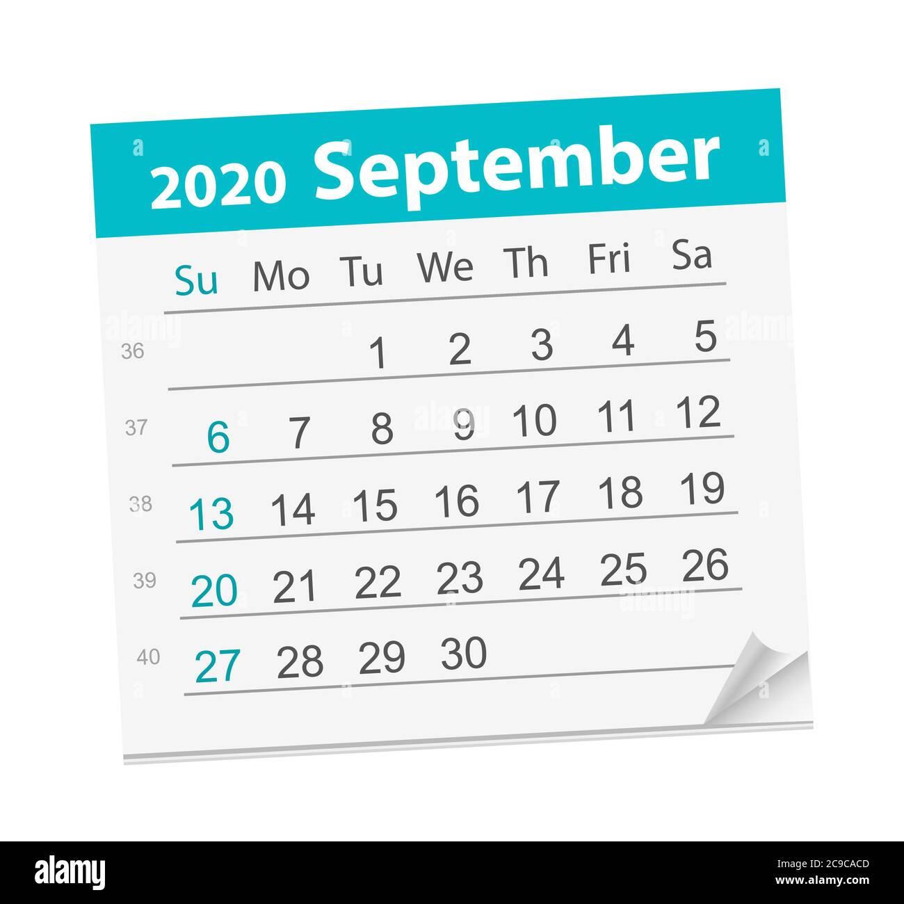Calendario del mese di settembre 2020. Illustrazione vettoriale. La settimana inizia la domenica Illustrazione Vettoriale