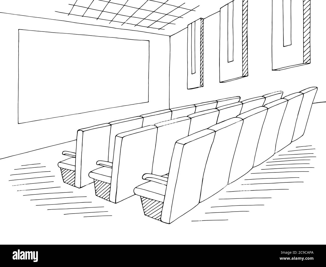 Grafica interna cinema in bianco nero illustrazione dello schizzo vettore Illustrazione Vettoriale