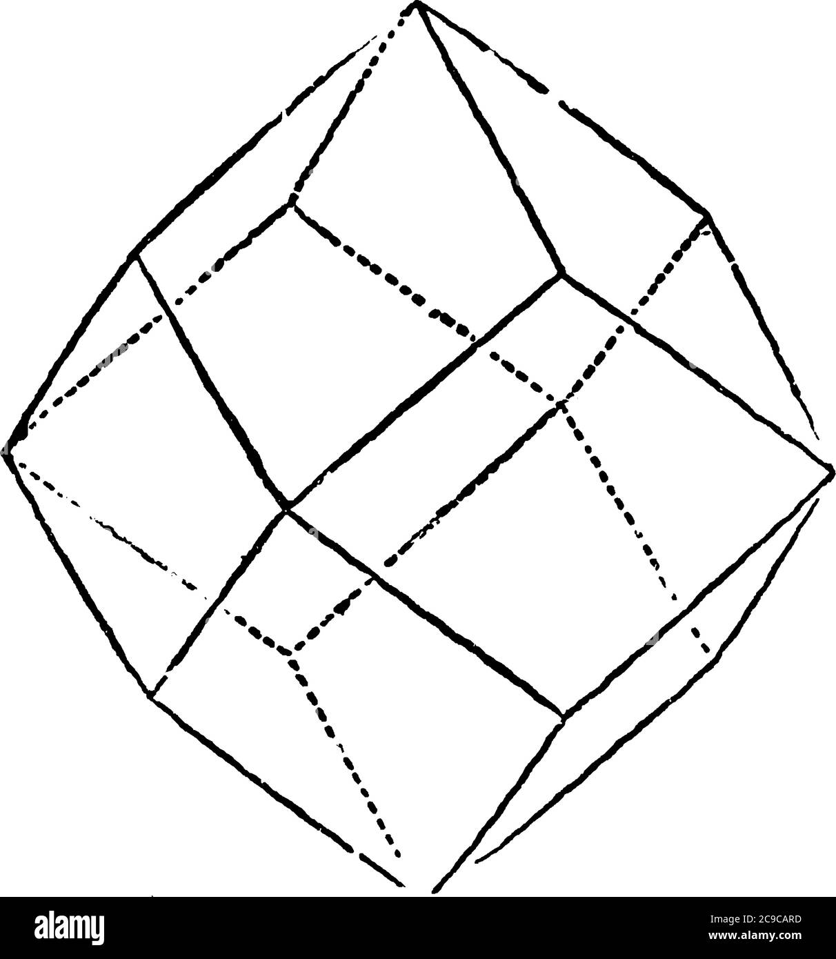 Una rappresentazione tipica del dodecaedro rombico, una forma geometrica che ha dodici facce, disegno di linee vintage o illustrazione di incisione. Illustrazione Vettoriale