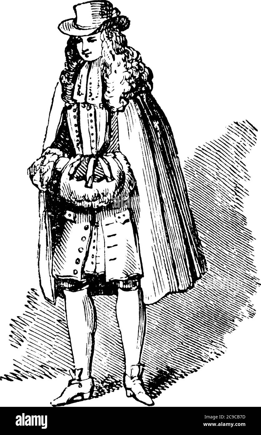 Una giovane donna che indossa Roquelaure, forma di un breve mantello molto indossato nella parte iniziale del XVIII secolo, in piedi a terra e sorridente, v Illustrazione Vettoriale