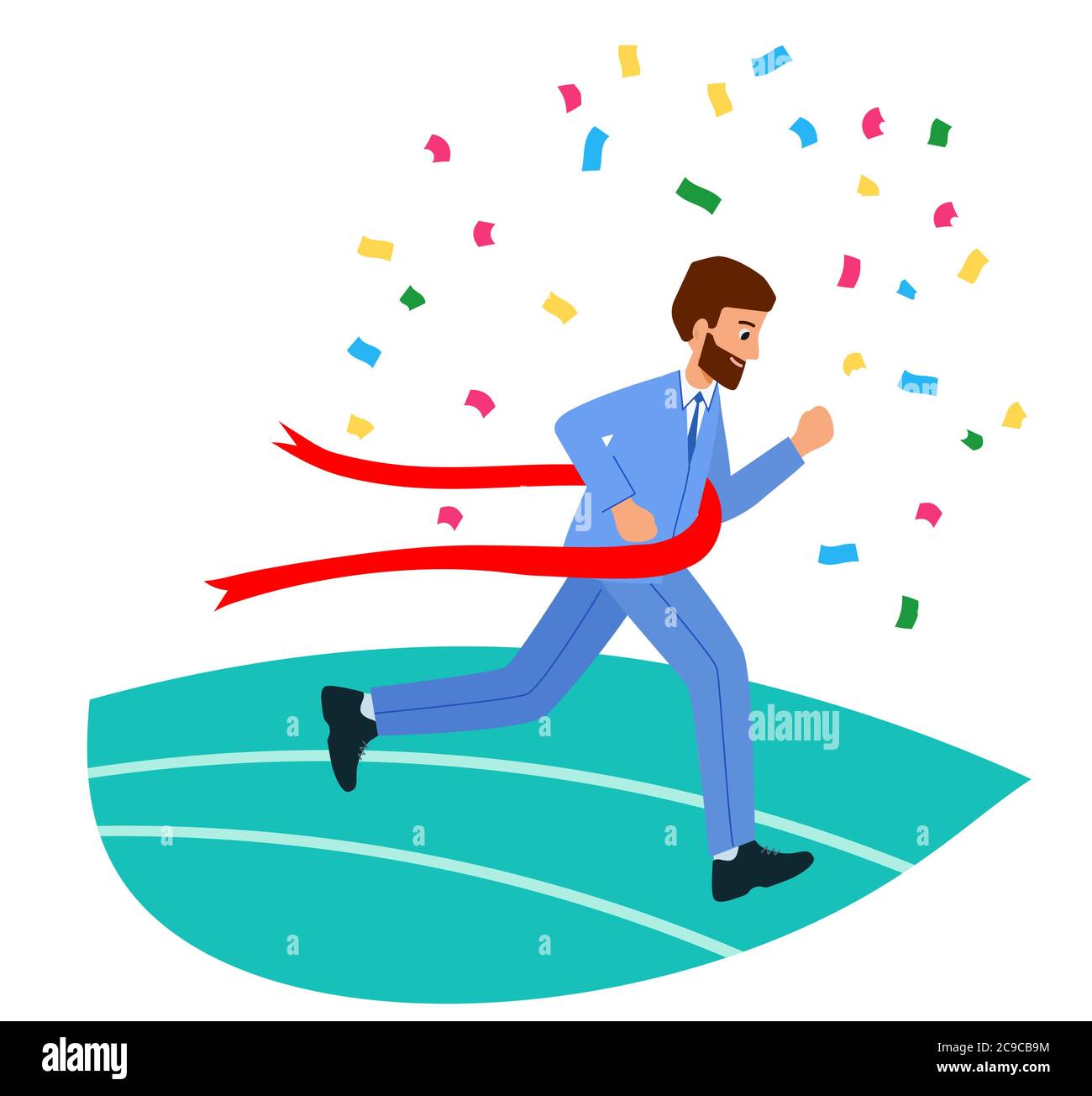 Felice uomo d'affari che attraversa il traguardo. Il concetto di vittoria aziendale. La concorrenza di affari, una corsa per successo. Illustrazione vettoriale in stile moderno piatto. Illustrazione Vettoriale