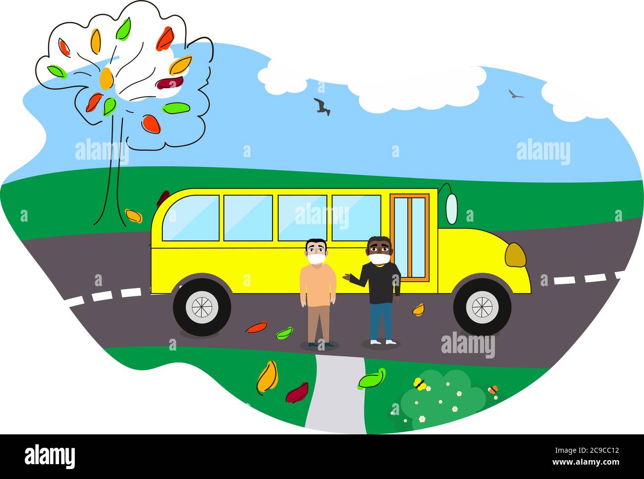 Bambini o studenti di diverse nazionalità che tornano a scuola. In attesa di un bus scolastico su una fermata dell'autobus. Illustrazione Vettoriale