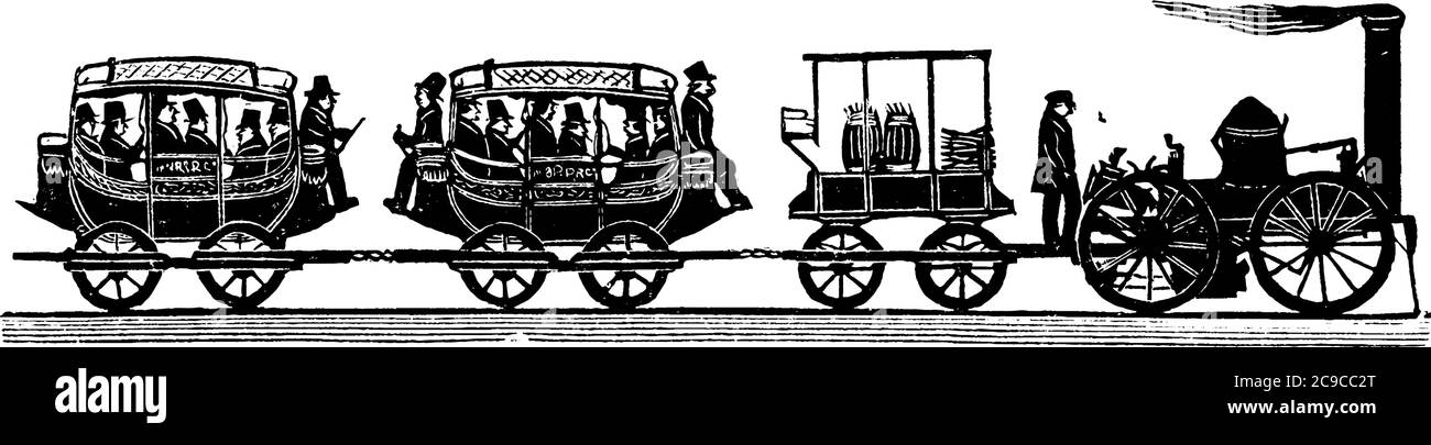 L'immagine raffigura il treno ferroviario in anticipo con pochi passeggeri in abiti e cappelli indossati, che viaggiano su di esso, disegno di linea vintage o incisioni illuss Illustrazione Vettoriale