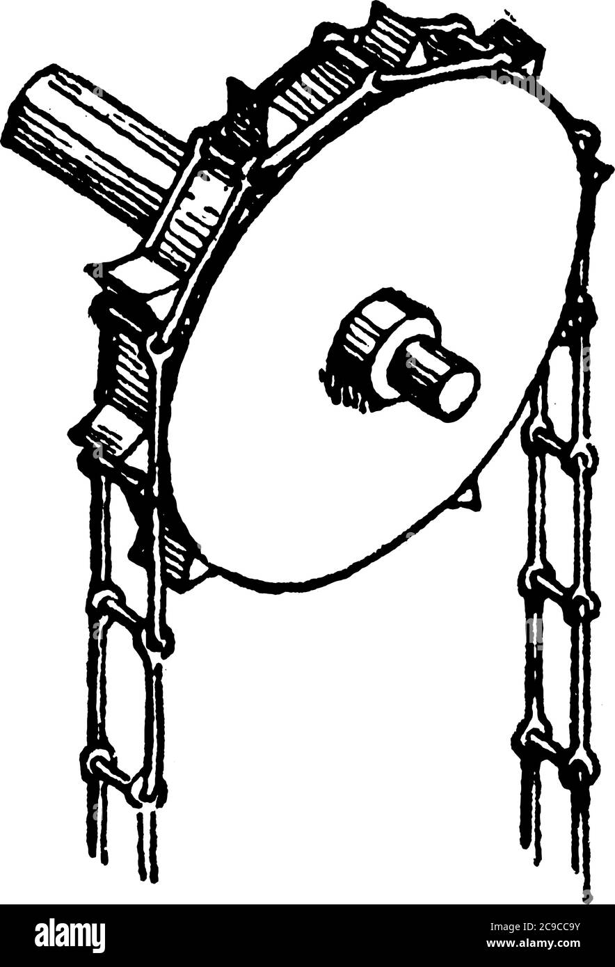 Una ruota profilata o ruota dentata con denti che ingranano con una catena; su di essa si impegnano sporgenze radiali con una catena che la attraversa. Utilizzato in biciclette t Illustrazione Vettoriale