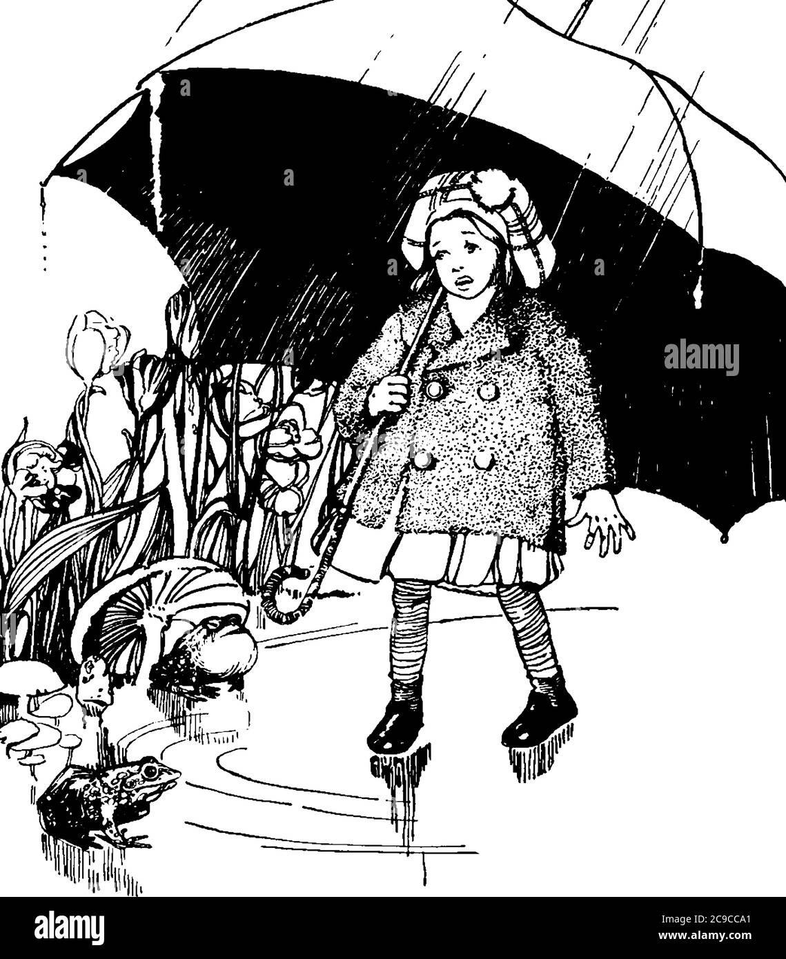 Una bambina che cammina nei sentieri del campo, sotto un ombrello, disegno di linea vintage o illustrazione di incisione. Illustrazione Vettoriale