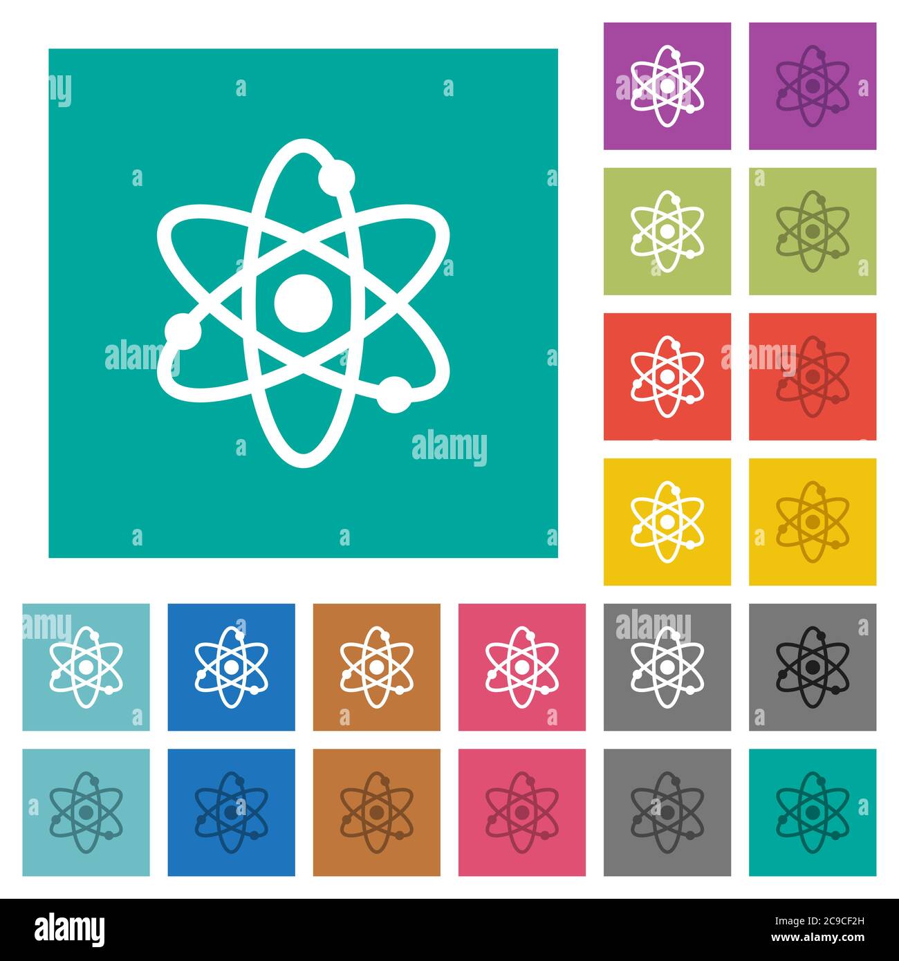 Icone piatte multicolore con simboli Atom su sfondi quadrati semplici. Incluse variazioni delle icone bianche e più scure per il passaggio del mouse o gli effetti attivi. Illustrazione Vettoriale