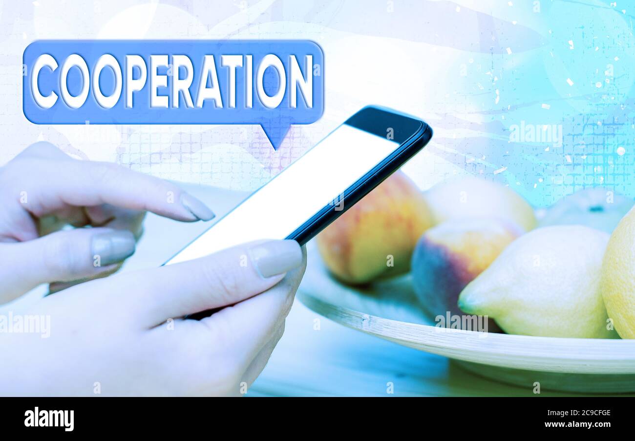 Testo di scrittura cooperazione. Foto di business che mostra le azioni di qualcuno che è stato utile facendo ciò che si desidera gadget moderni con dis bianco Foto Stock