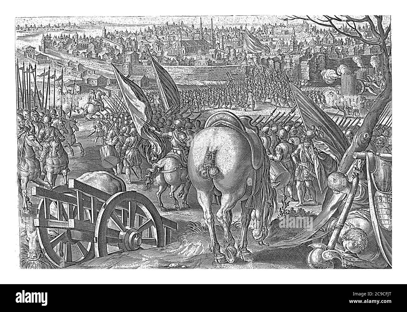 Il giovane Giovanni de' Medici, soprannominato' dalle bande nere ', conquista la città di Milano con le truppe imperiali (1524), incisione d'epoca. Foto Stock