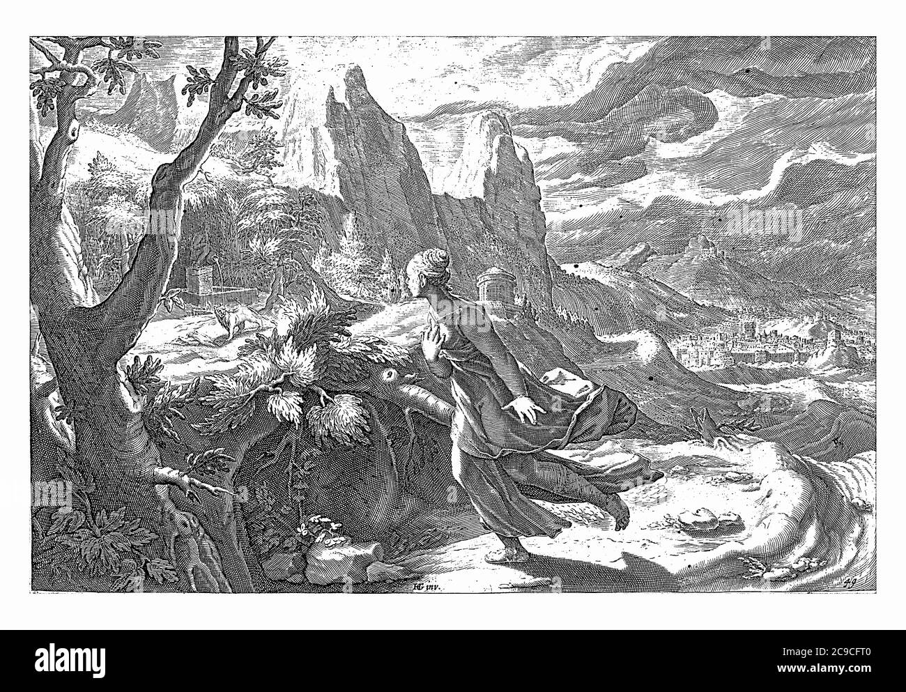 Thisbe fugge da un leone dal luogo dove incontrerà il suo amato Piramo, incisione d'annata. Foto Stock