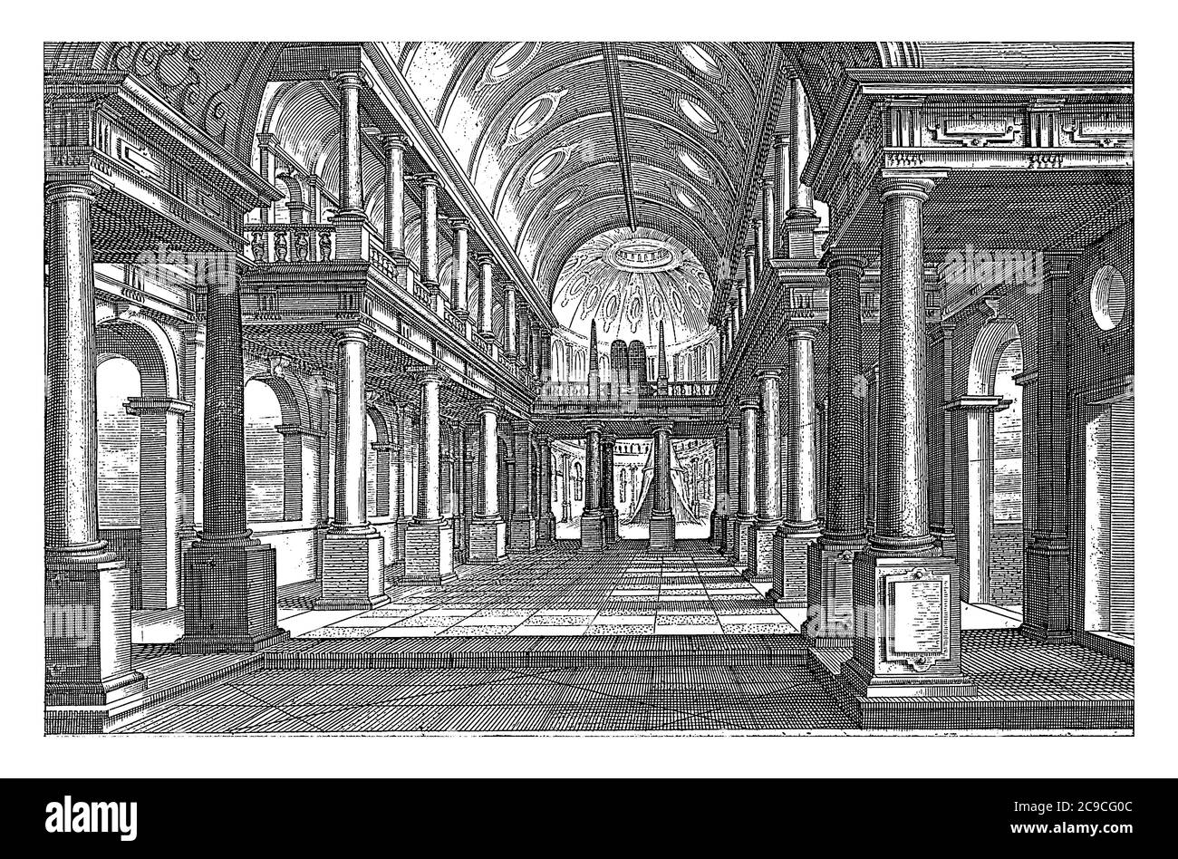 Interno di una Chiesa, Hendrick Hondius (i), dopo Paul Vredeman de Vries, 1620 interno di una Chiesa con colonne dell'ordine toscano e ionico. Un cano Foto Stock