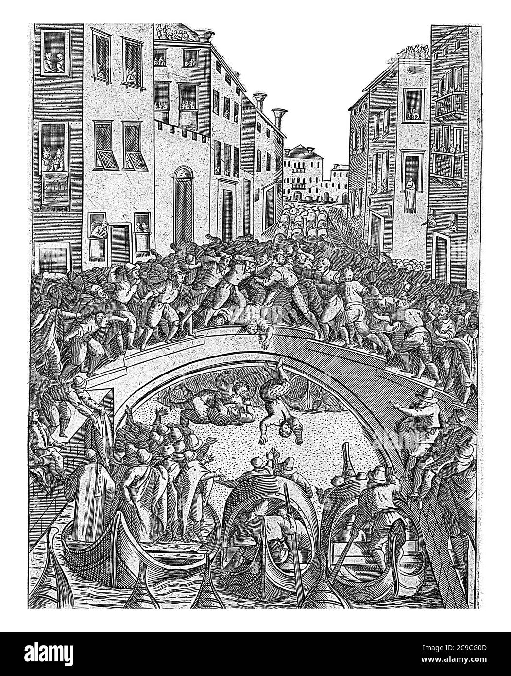 Battaglia su un ponte a Venezia, anonima, 1610, incisione vintage. Foto Stock