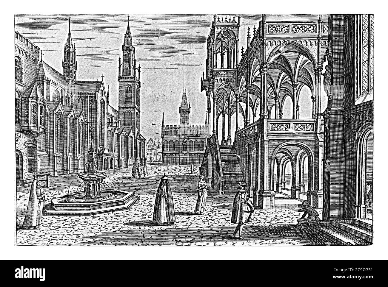 Piazza del paese con una chiesa sulla sinistra, un edificio con portale a colonne sulla destra e una fontana al centro. Diverse figure stanno camminando sul Foto Stock