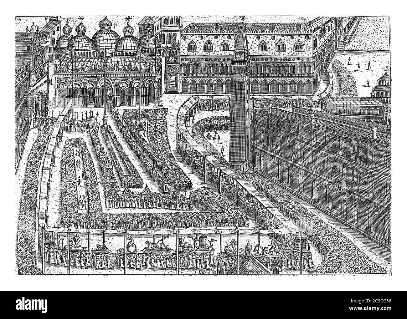 Processione in Piazza San Marco a Venezia, anonima, 1610, incisione d'annata. Foto Stock
