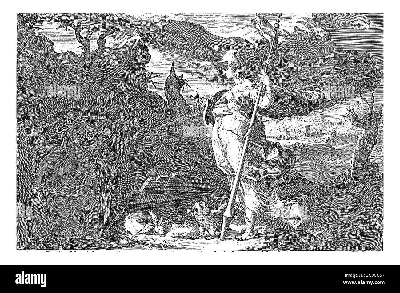 Minerva si trova presso la grotta dove vive Nijd e le chiede di rendere Aglauros geloso di sua sorella Herse, incisione d'epoca. Foto Stock