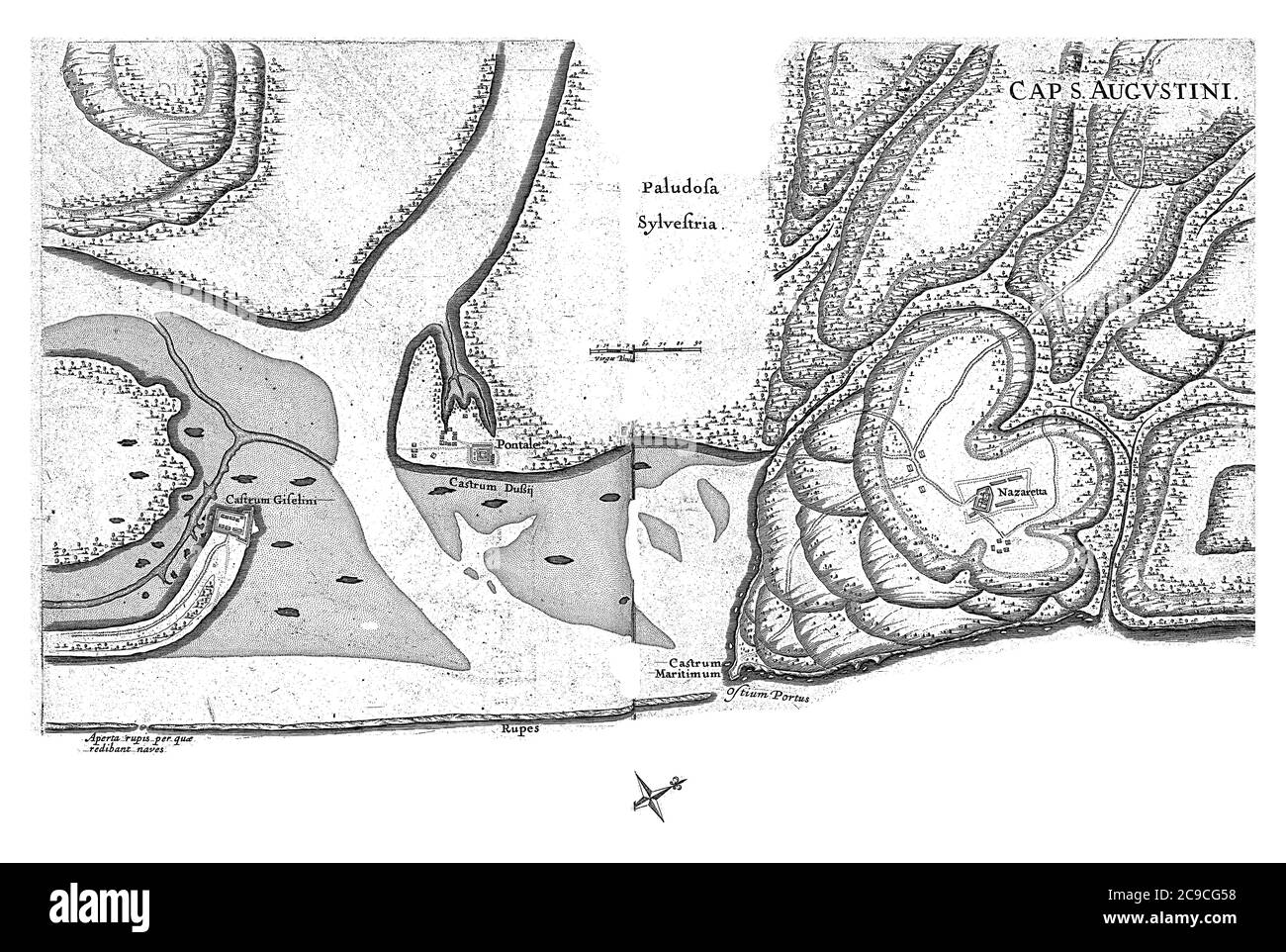 Mappa di Capo Sant'Agostino (Cabo de Santo Agostinho) con le fortezze in esso, in Pernambuco, c. 1636-1644, incisione vintage. Foto Stock