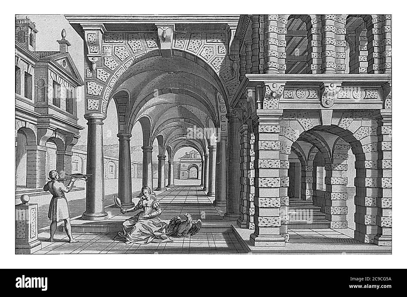 Arcade con colonne dell'ordine del palazzo toscano. In primo piano un uomo con un balestra e una donna seduta con uno specchio in mano, incisione d'annata Foto Stock