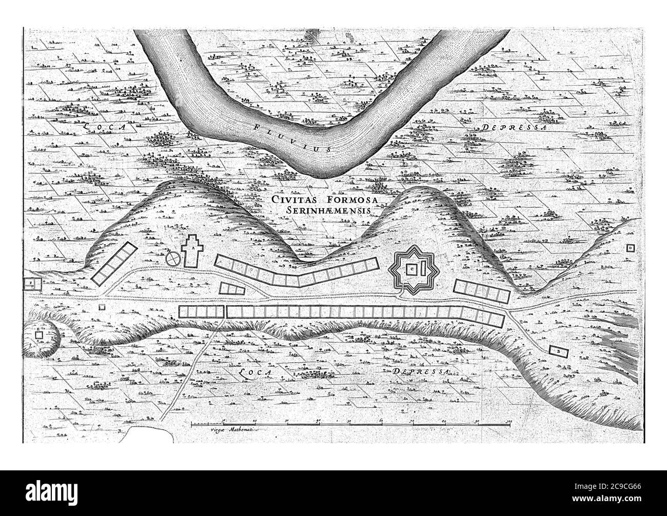 Mappa di Serinhaem, 1637, Jan van Brosterhuyzen, dopo Frans Jansz Post, 1645 - 1647 Mappa della città di Serinhaem, 1637, incisione d'epoca. Foto Stock