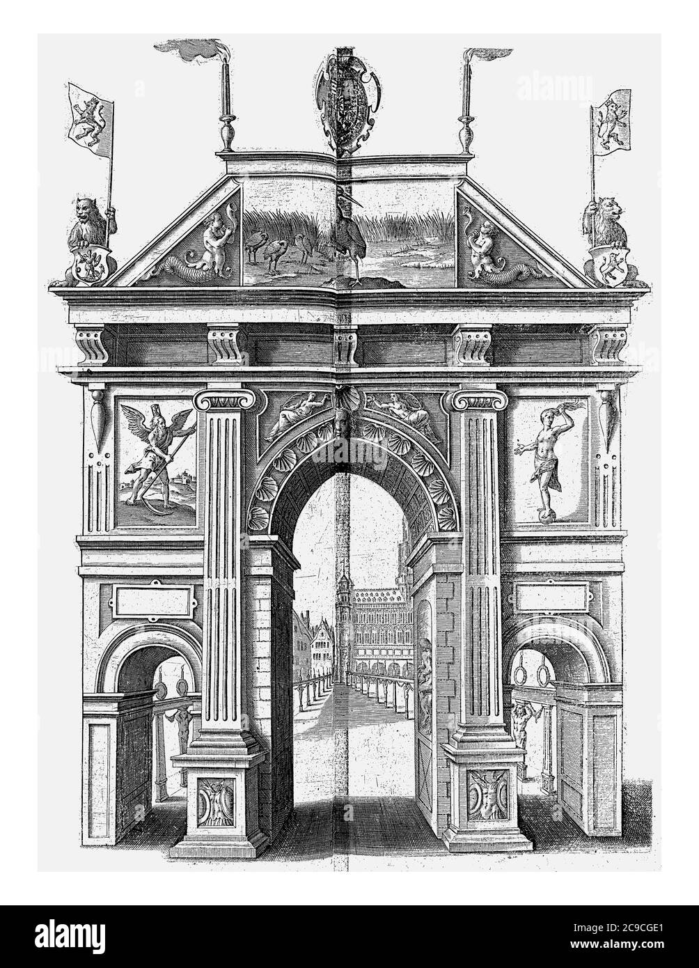 Trionfale porta al Grote Markt con l'inizio della Hall of Fame, incisione d'epoca. Foto Stock