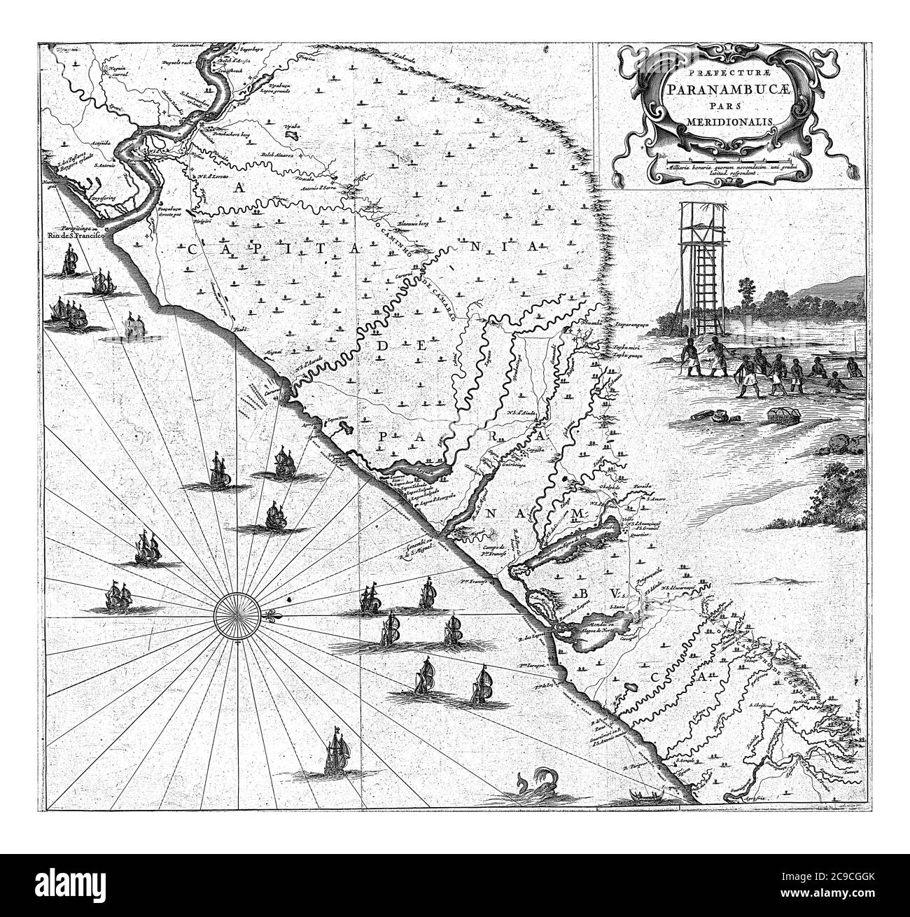 Mappa della costa di Pernambuco, in cima alla foce del Rio Sao Francisco. Con scene di pesca locale e la costruzione di una torre, Vintag Foto Stock