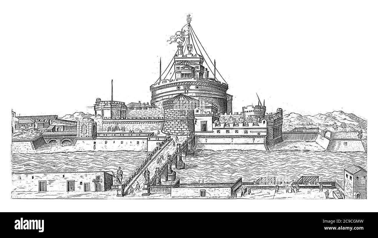 Castel Sant'Angelo e Castel Sant'Angelo a Roma, Etienne Duperac, 1575 Vista di Castel Sant'Angelo e Castel Sant'Angelo sulla Rive del Tevere Foto Stock