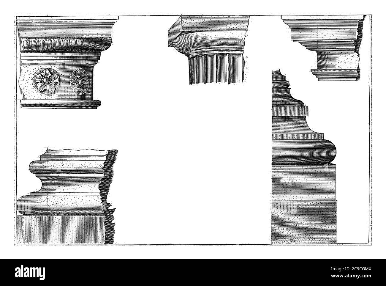 Colonna dorica e base, Hendrick Hondius (i), dopo Hans Vredeman de Vries, dopo Paul Vredeman de Vries, 1620 Dettagli della colonna dorica, capitelli An Foto Stock