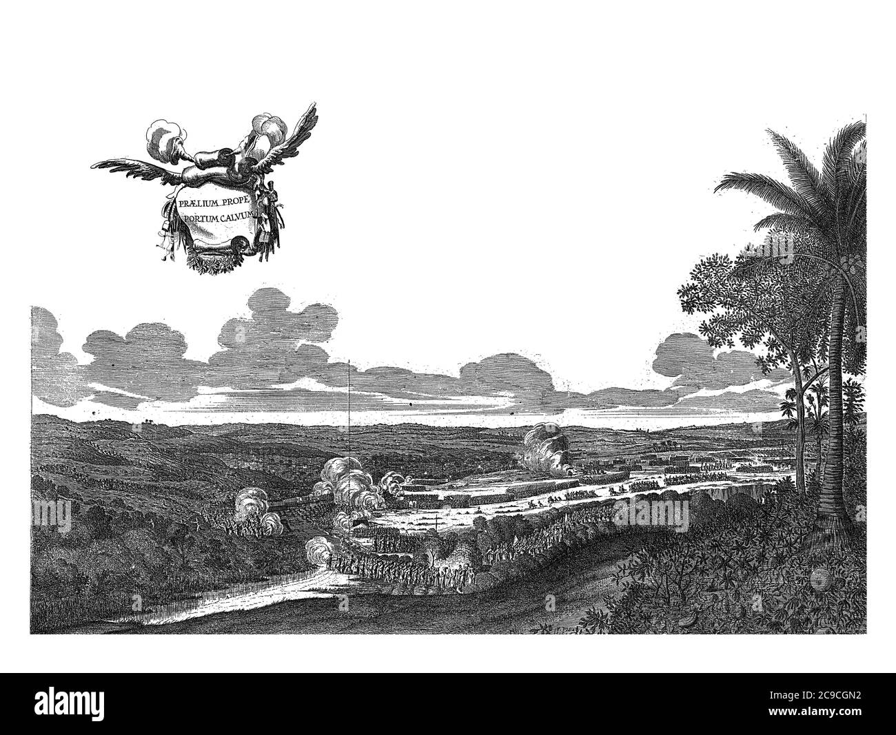 Battaglie a Porto Calvo, 1637, battaglie con i combattenti portoghesi e nativi a Porto Calvo, 1637. In aria un banderole con il titolo, vintage e Foto Stock