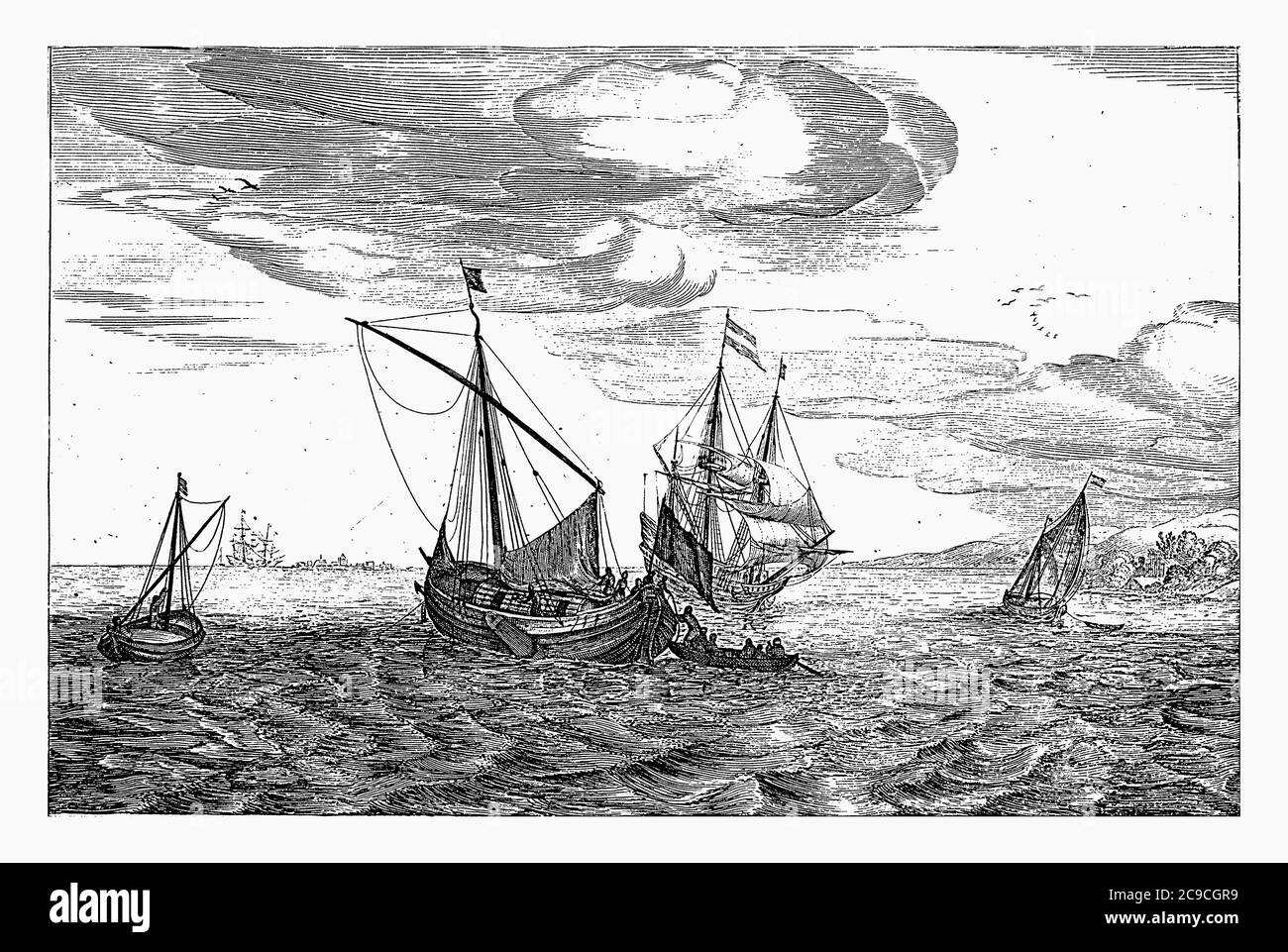 Chiatta o accendino, Robert de Baudous (forse), dopo Jan Porcellis, 1670 - 1726 UNA chiatta o accendino sull'acqua, incisione vintage. Foto Stock