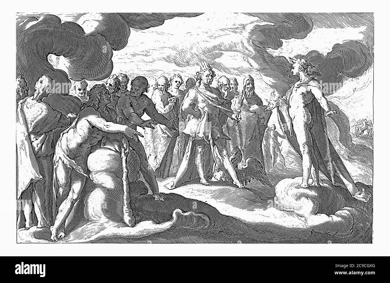 Dopo la morte di Phaethon, il dio del sole piange e rifiuta di guidare l'auto solare, incisione d'epoca. Foto Stock