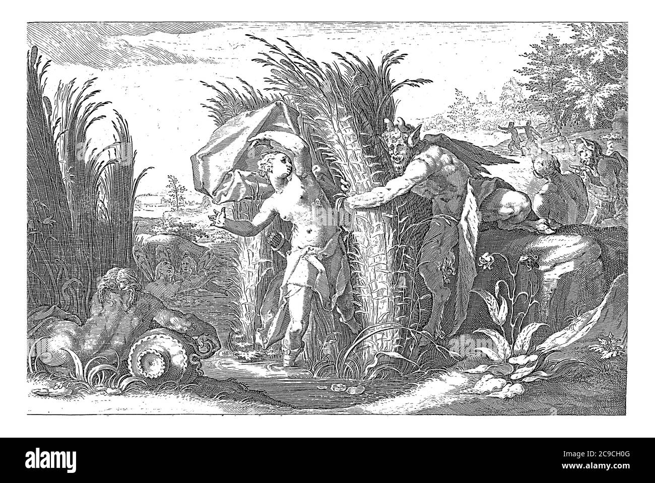 Sulle rive del fiume Ladon, la ninfa Syrinx cerca di fuggire dal dio Pan, incisione d'annata. Foto Stock