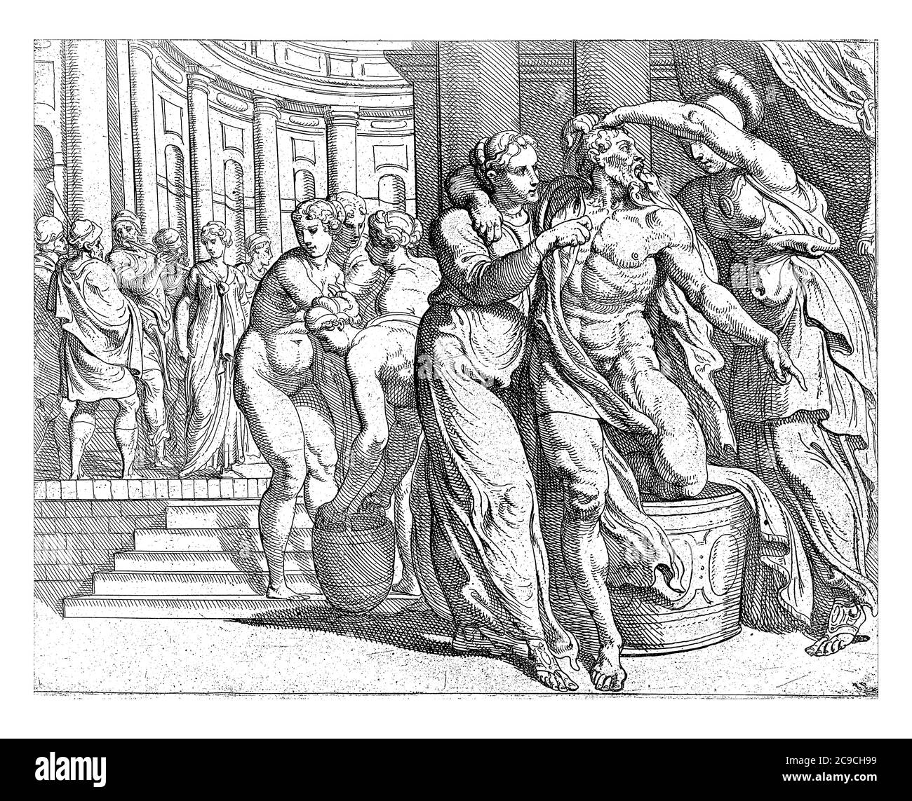 Odysseus e Minerva nel bagno, Odysseus è lavato e reso bello da Minerva prima del suo incontro con Penelope, incisione d'annata. Foto Stock