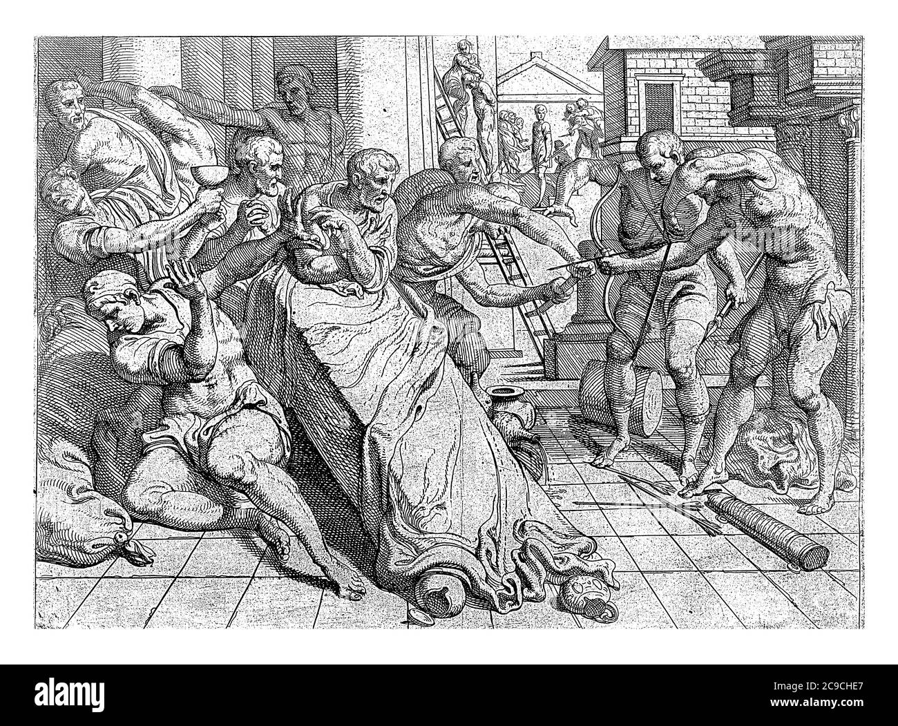 Odysseus con il suo arco uccide uno dei suitors, Odysseus con il suo arco e freccia uccide uno dei suitors di sua moglie Penelope, incisione d'annata. Foto Stock
