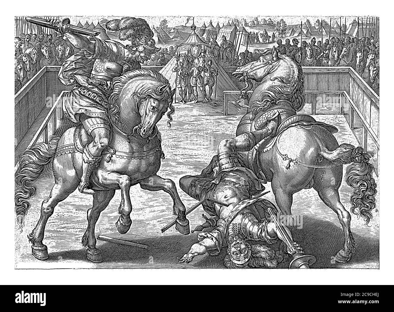 Giovanni de Medici, soprannominato 'dalle bande nere' in un duello all'interno di un'arena. Il suo avversario è fatalmente colpito dalla lancia di Giovanni dalla sua sella. Soldati Foto Stock