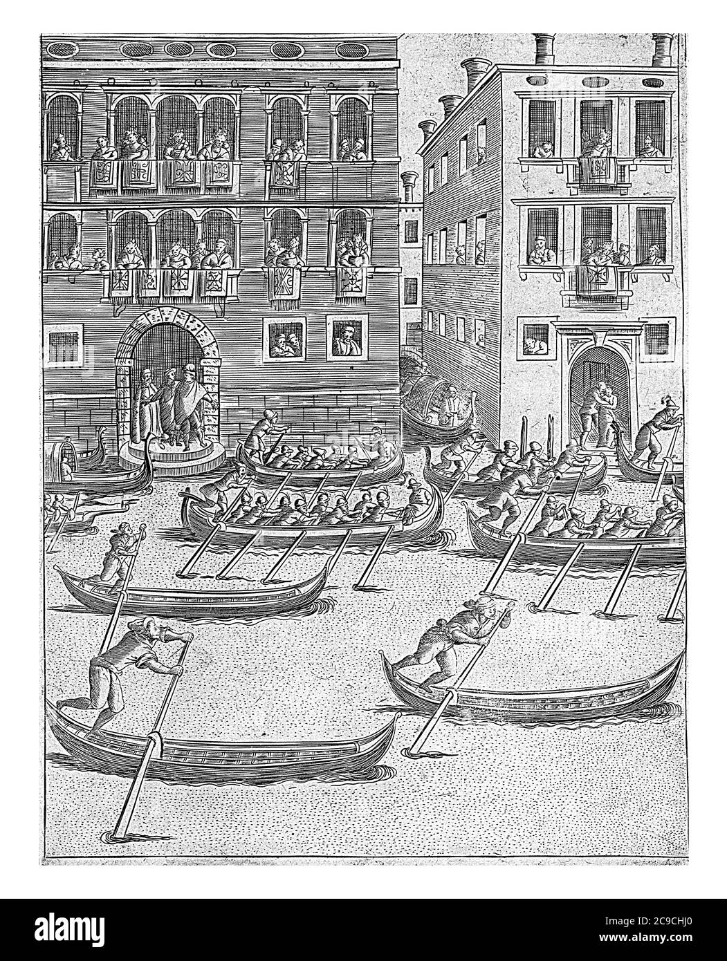 Gara di gondole e barche a remi a Venezia, in primo piano un concorso di gondole e barche a remi. I palazzi situati sul wat Foto Stock