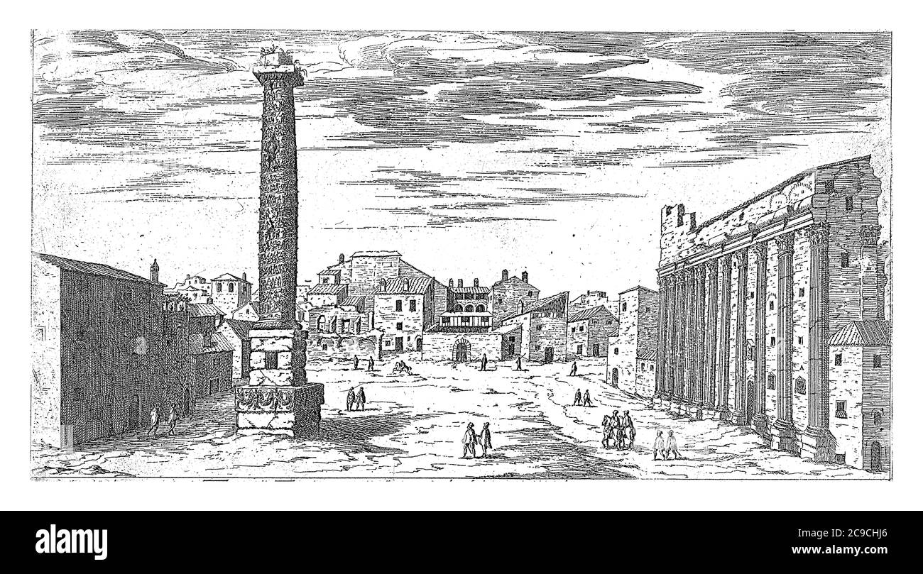 Colonna di Antonino Pio a Roma, Etienne Duperac, 1575 Vista della colonna di Antonino Pio sul campo marziano a Roma. Sulla destra i resti di Foto Stock