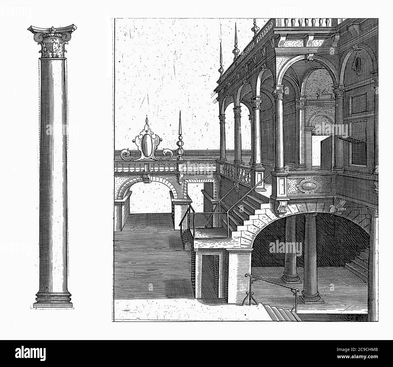 Colonna dell'ordine composito e edificio con colonne, edificio con colonne composite e una colonna dell'ordine composito, incisioni d'epoca Foto Stock