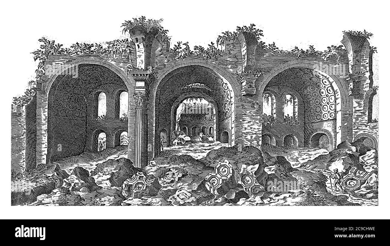 Resti della Basilica di Massenzio a Roma, Etienne Duperac, 1575 veduta dei resti della Basilica di Massenzio al Foro Romano di Roma, vinta Foto Stock