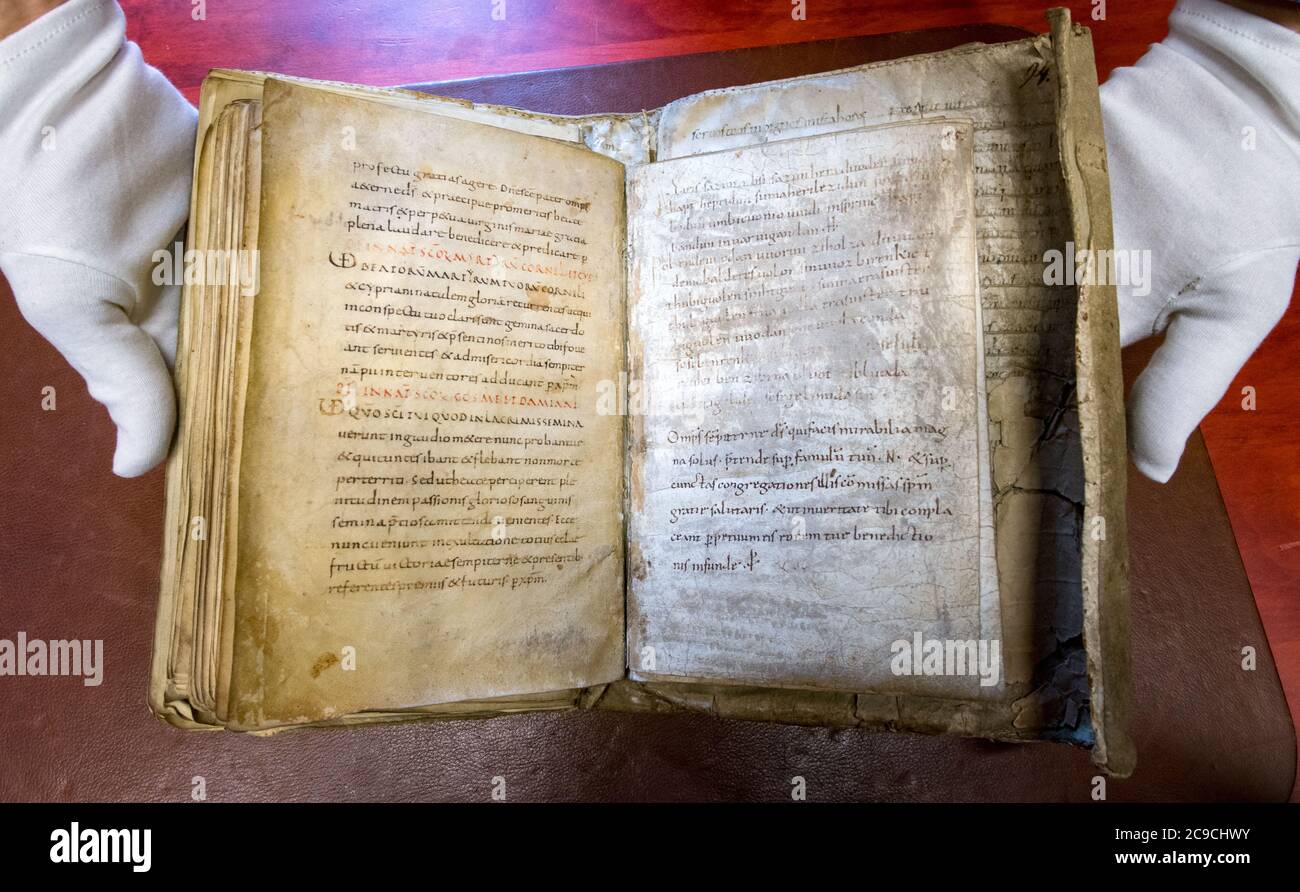 30 luglio 2020, Sassonia-Anhalt, Merseburg: Markus Cottin, capo dell'archivio del monastero della cattedrale e della biblioteca del monastero della cattedrale di Merseburg, mostra gli incantesimi magici originali di Merseburg. Le due formule magiche dell'alta Germania antica si trovano in un sacramentale e sono state probabilmente registrate lì nel primo o nel secondo terzo del X secolo. Gli incantesimi magici di Merseburg servono l'artista Antoinette come fonte di ispirazione per la sua opera "altare d'Europa", che sarà creata nel Merseburg Schlossgartensalon fino al novembre 2020 e sulla quale ha già lavorato a Görlitz, Lipsia, Praga e vie Foto Stock