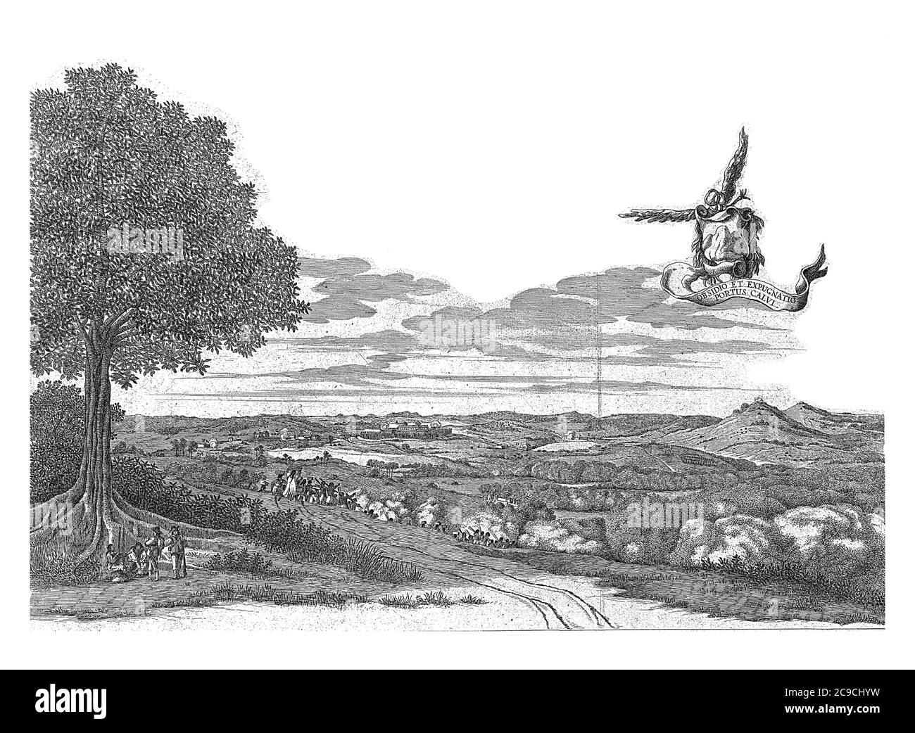 La conquista di Porto Calvo dai portoghesi, 13 marzo 1637. Sopra un banderole volante con il titolo. Nella didascalia la spiegazione della lettera Foto Stock