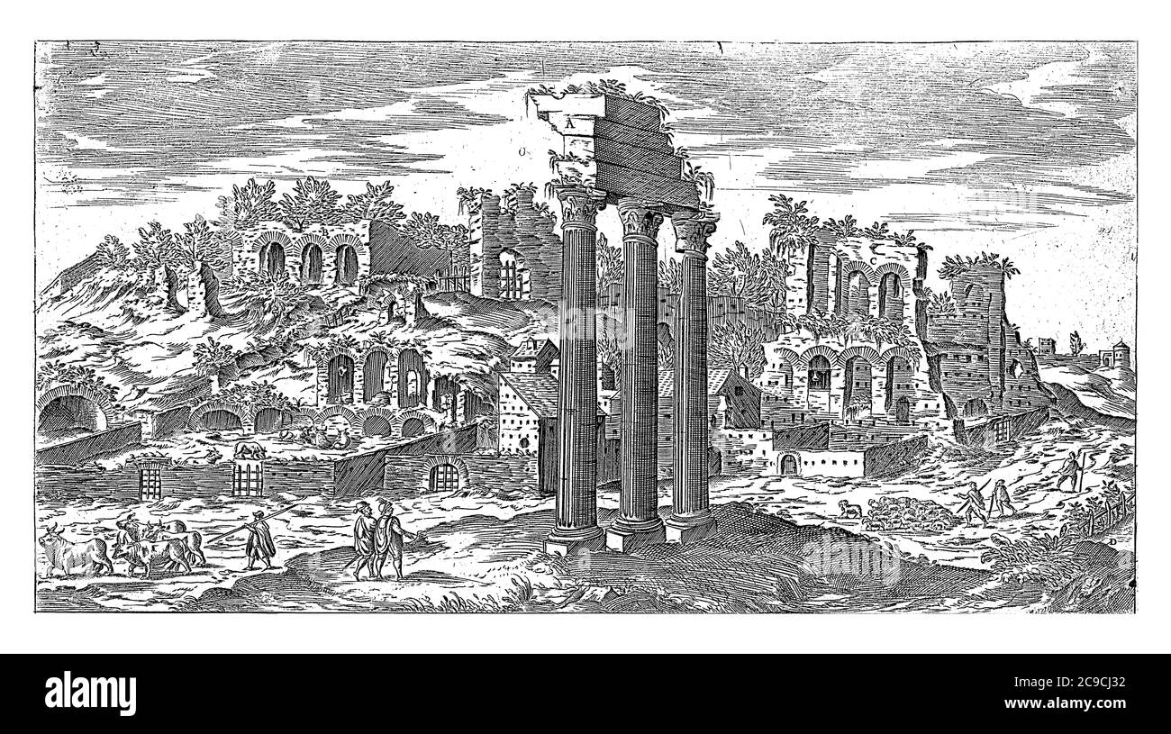 Palatino a Roma, Etienne Duperac, 1575 veduta delle rovine del Palatino a Roma. In primo piano resti di un tempio sul Foro Romano, vintage e. Foto Stock