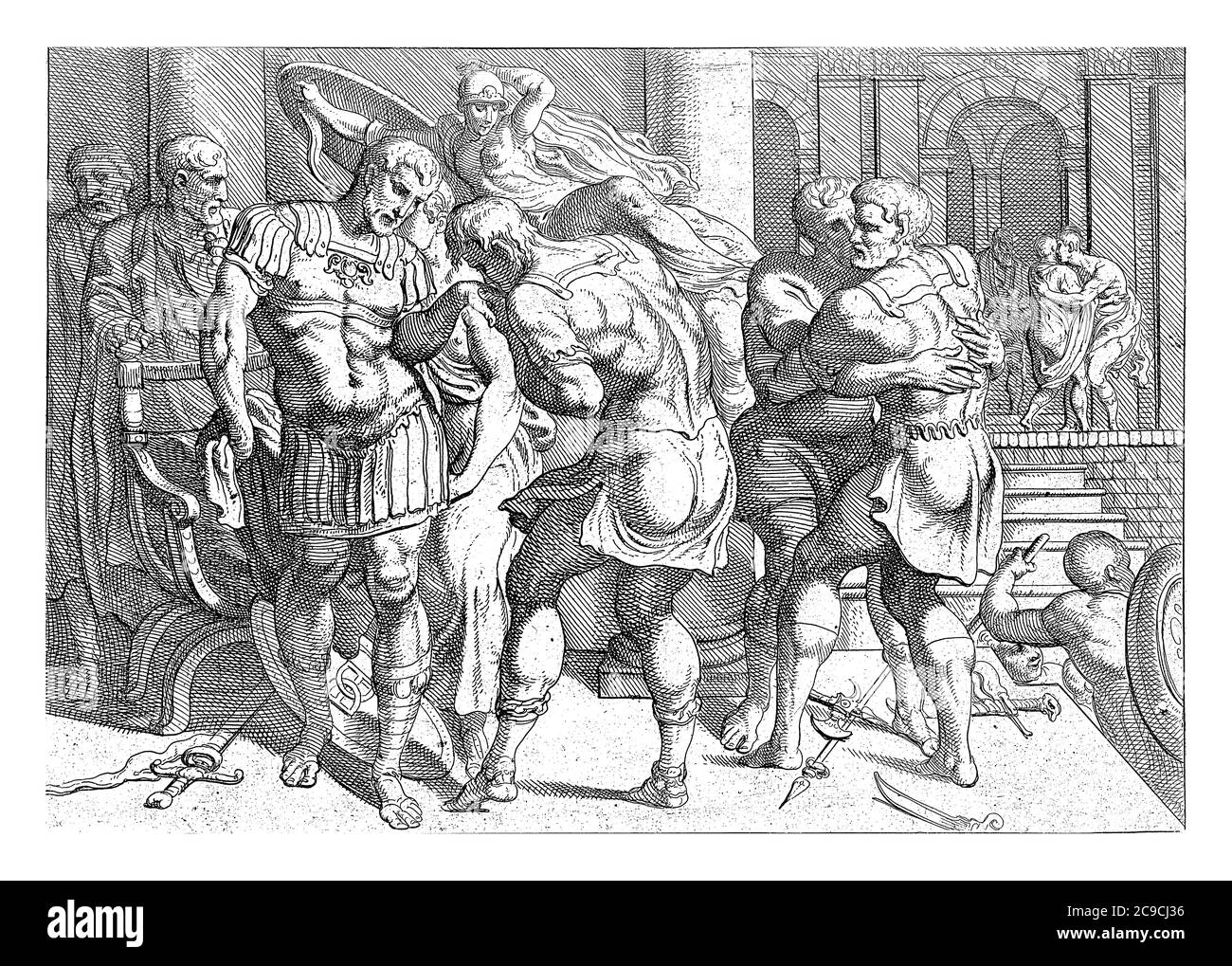 Riconciliazione tra Odysseo e ribelli Itacani, sotto l'occhio vigile di Minerva, Odysseo e l'ostile Itacan riconciliano, incisi d'annata Foto Stock