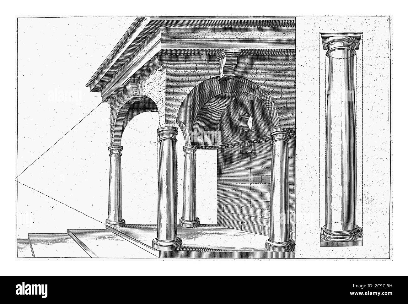 Portico con colonne dell'ordine toscano, portico con colonne dell'ordine toscano e una colonna dell'ordine dorico, incisione d'annata. Foto Stock