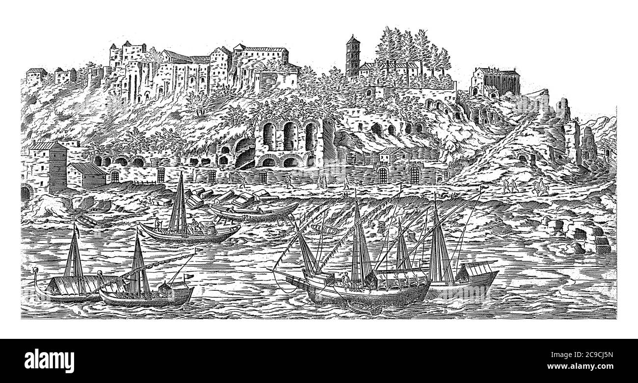 Aventino lungo il Tevere a Roma, Etienne Duperac, 1575 Vista degli edifici e delle rovine dell'Aventino a Roma. Il fiume Tevere scorre nello straniero Foto Stock