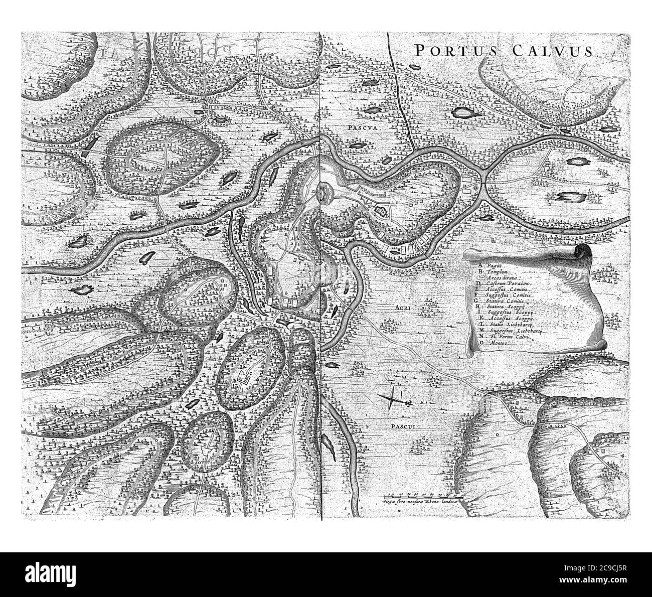 Mappa della zona intorno a Porto Calvo dove combattevano i combattenti portoghesi e indigeni, 1637 a sinistra un banderolo con la spiegazione della lette Foto Stock