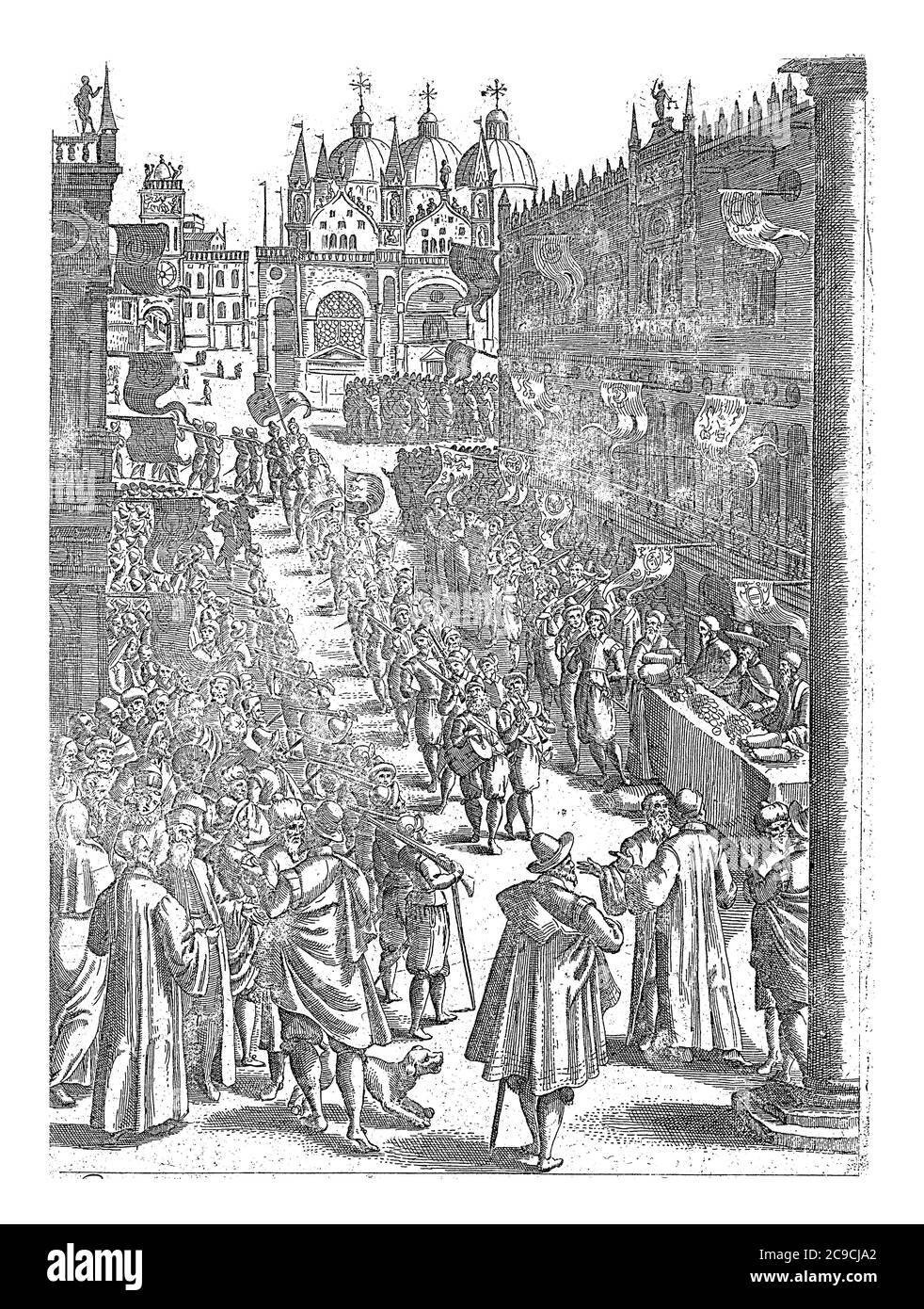 Processione in Piazza San Marco a Venezia, anonima, 1610, incisione d'annata. Foto Stock